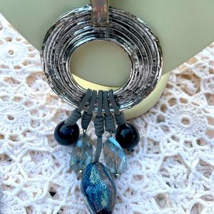 Metallic Ring on Gray Leather Cords with Shades of Blue/Gray Dangling Beads